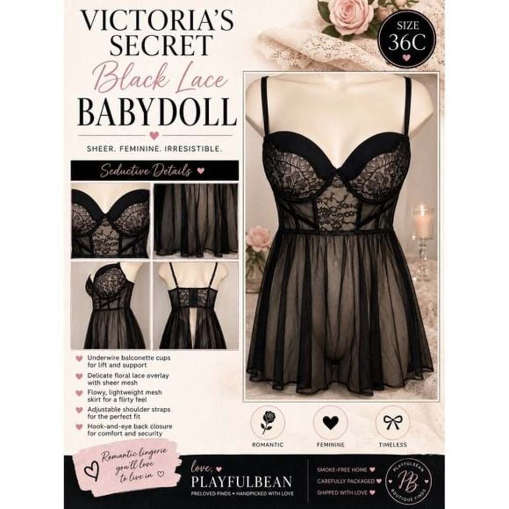 Victoria's Secret Babydoll Lingerie Women 36C Black Lace Mesh Sheer Sexy Slip